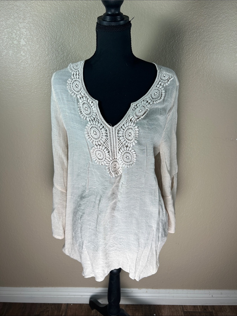 Spense White Lace Crochet V-Neck Tunic Top Long Sleeve Boho Size L